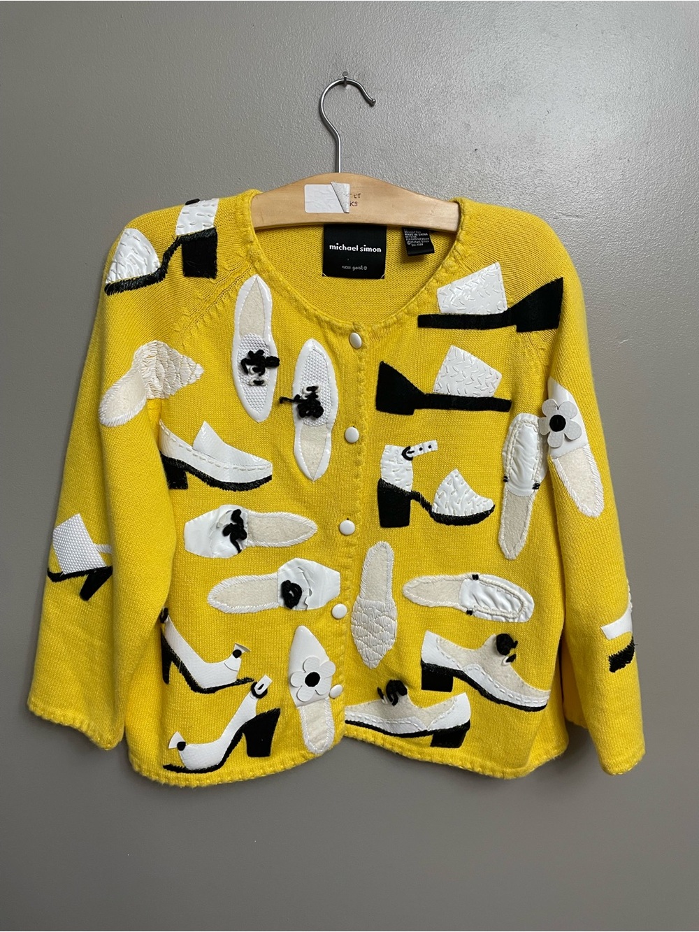 Vintage Michael Simon XL Embellished Shoe Cardigan 90s yellow